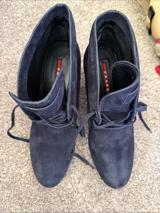 Prada Shoes - Prada Navy Suede Lace-Up Wedge Ankle Boots